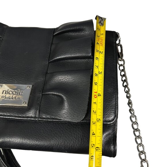 Nicole Miller black vegan leather ruffle and chain embellished crossbody purse - Picture 8 of 8